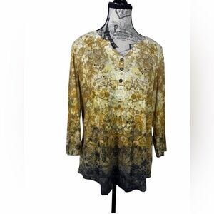 Christopher&Banks Yellow/Black Thermal Floral Rhinestone Button-Front Top XL